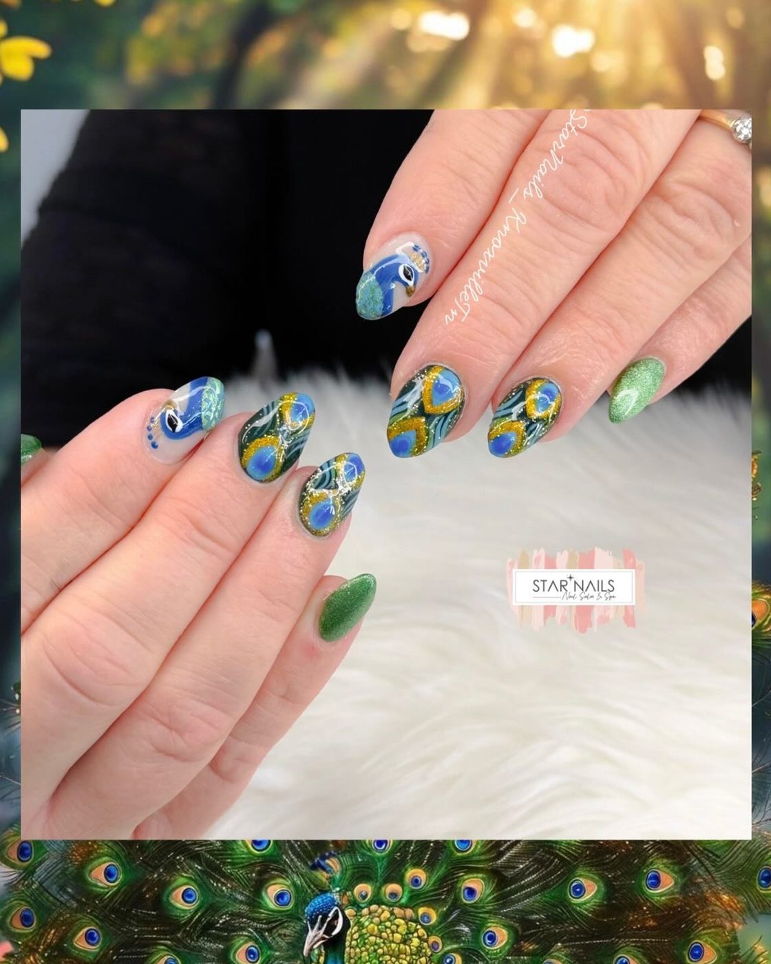 Blue and green peacock nail art