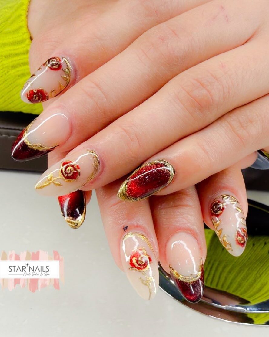 Red floral hand-painted nails